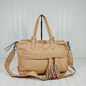 Joelle Hawkens Tan Cream Cow Leather Crossbody Strap Shoulder Teasel Bag 0104
